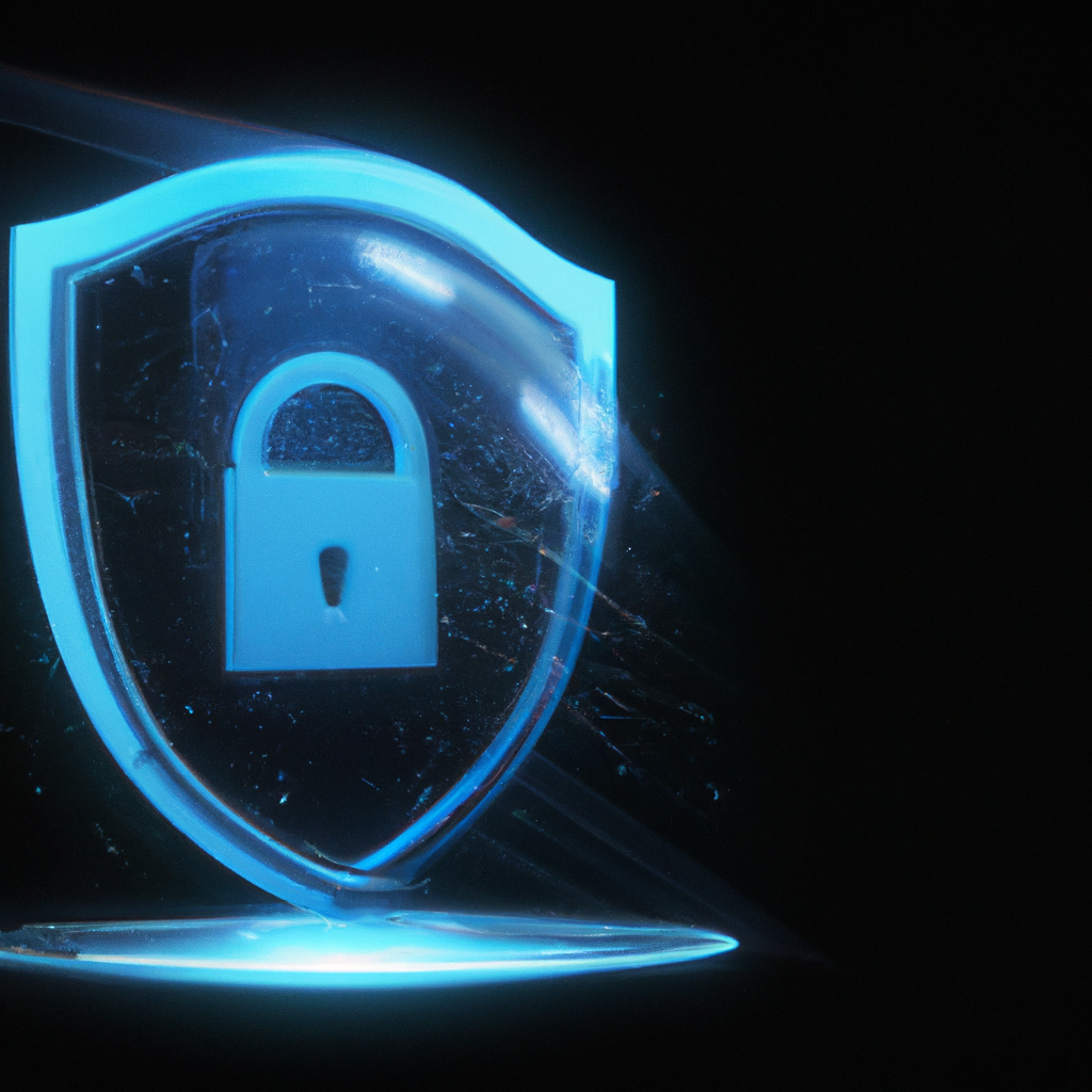 Icono 3D de escudo de privacidad en azul con efecto vidrio sobre fondo oscuro