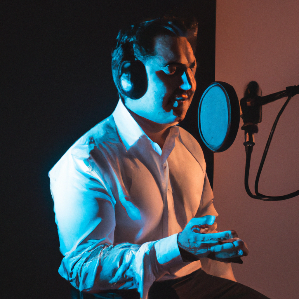 Retrato corporativo de instructora de marketing de contenidos con micrófono de podcast