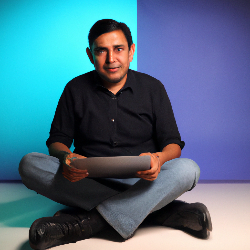 Retrato minimalista de instructor de diseño de producto con laptop